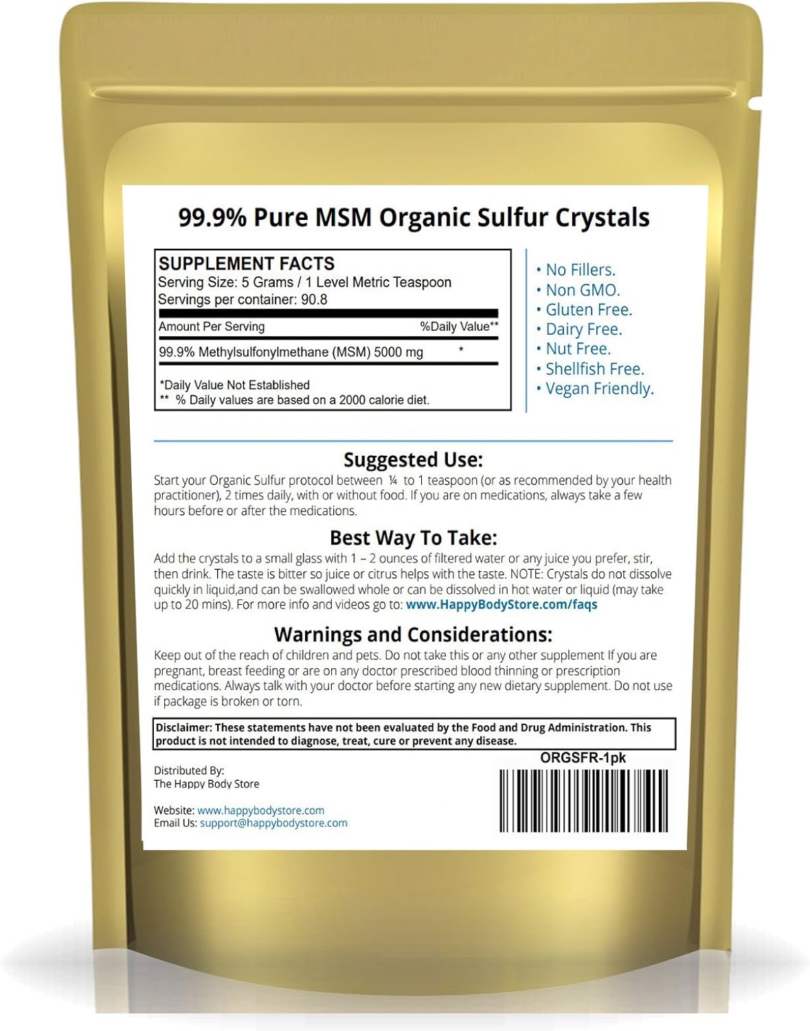 Cristales orgánicos azufre 99% puro Suplemento MSM premium