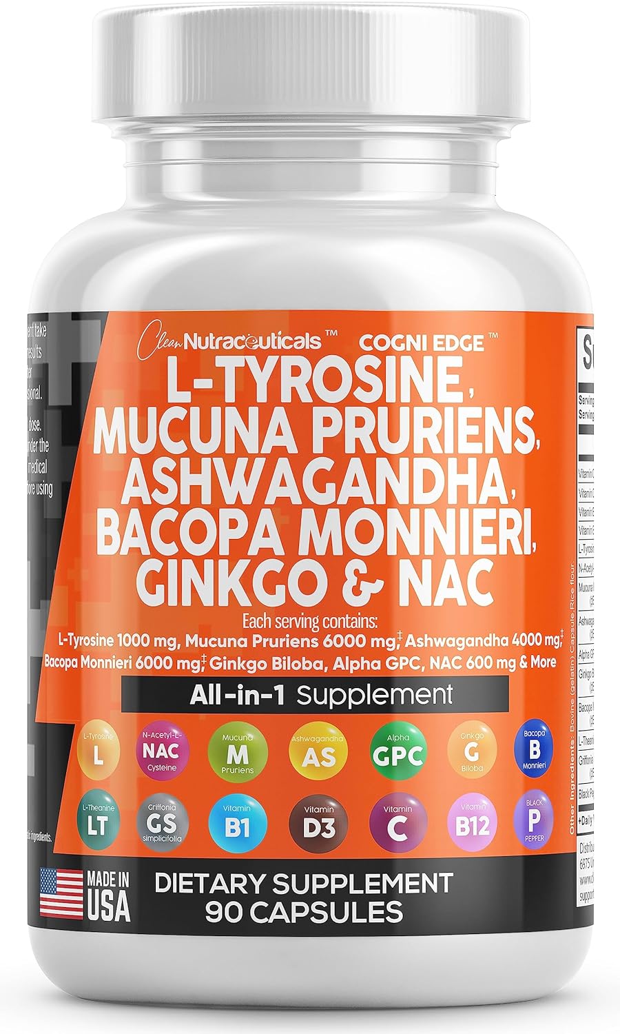Suplemento Clean Nutraceuticals L Tirosina 1000mg Mucuna