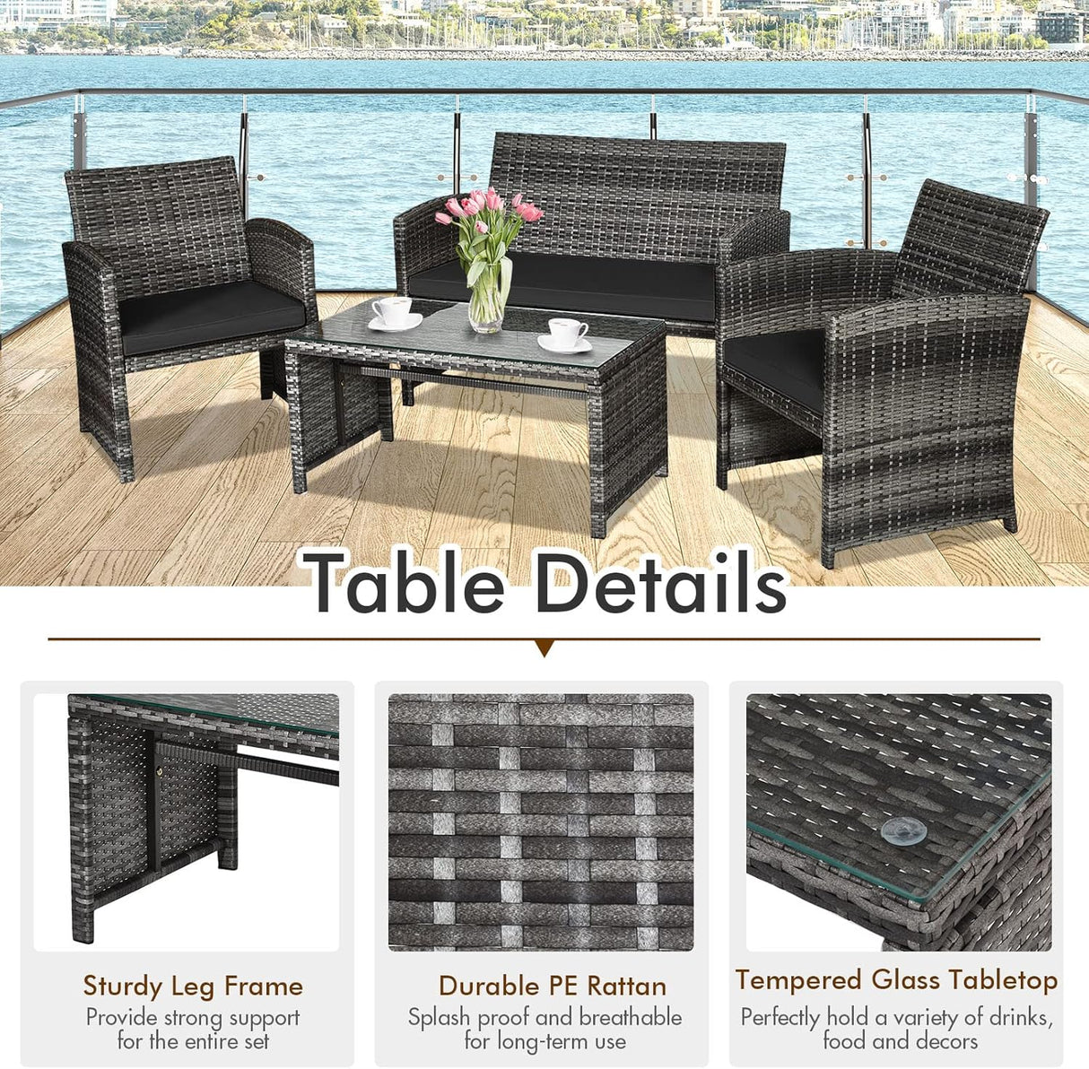 Goplus Juego de muebles de ratán de 4 piezas, sofá de conversación de mimbre para exteriores con cojines resistentes a la intemperie y mesa de vidrio templado para césped, patio, piscina, jardín (negro)