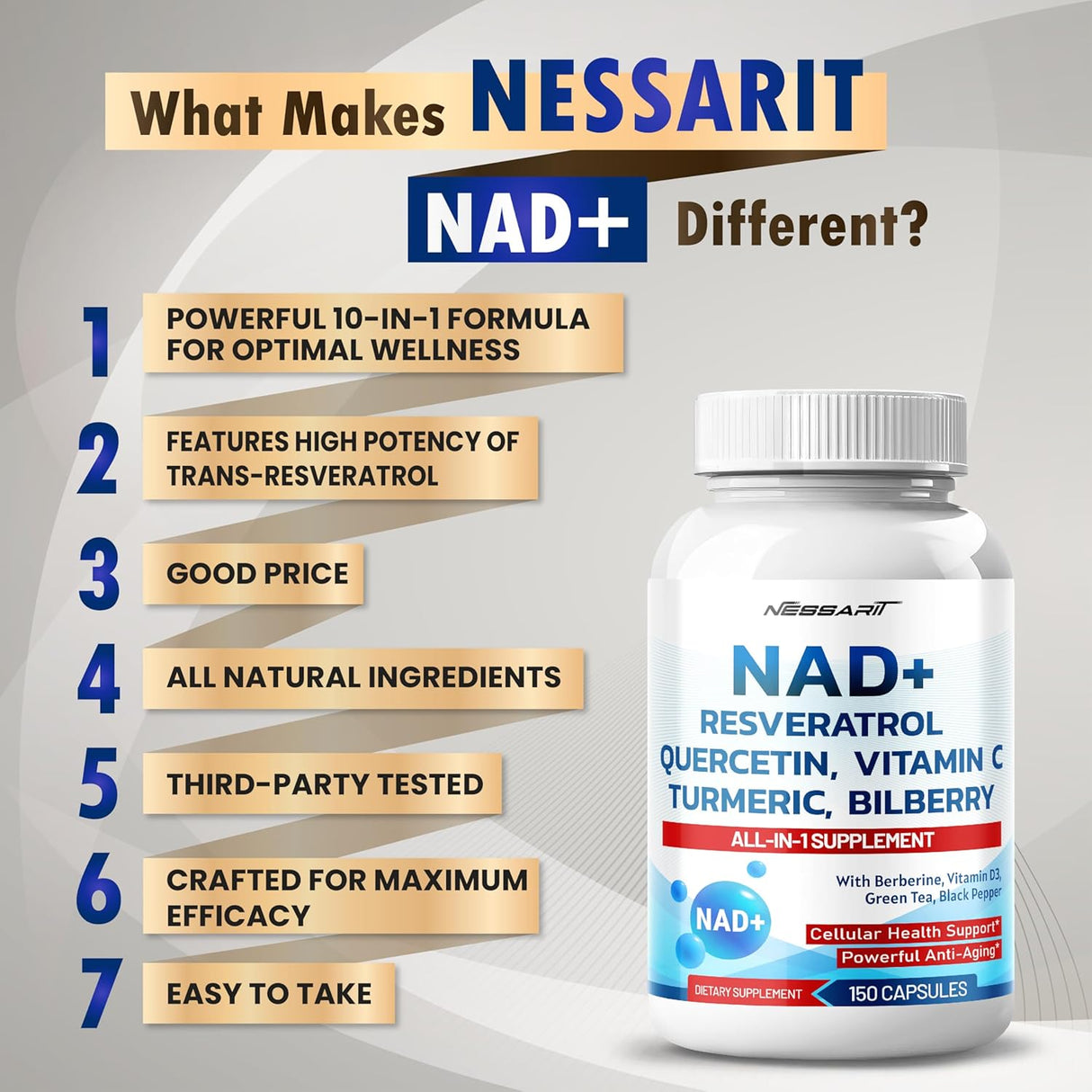 Suplemento NAD+ Resveratrol 10 en 1 - 150 cápsulas USA