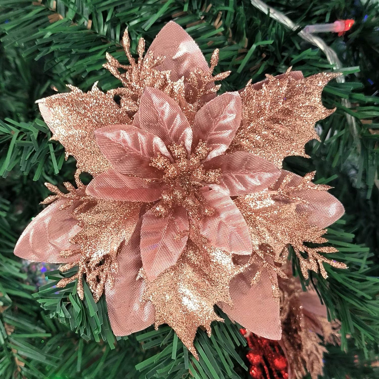 15 Piezas Flores Poinsettia Artificiales con Clips y Tallos