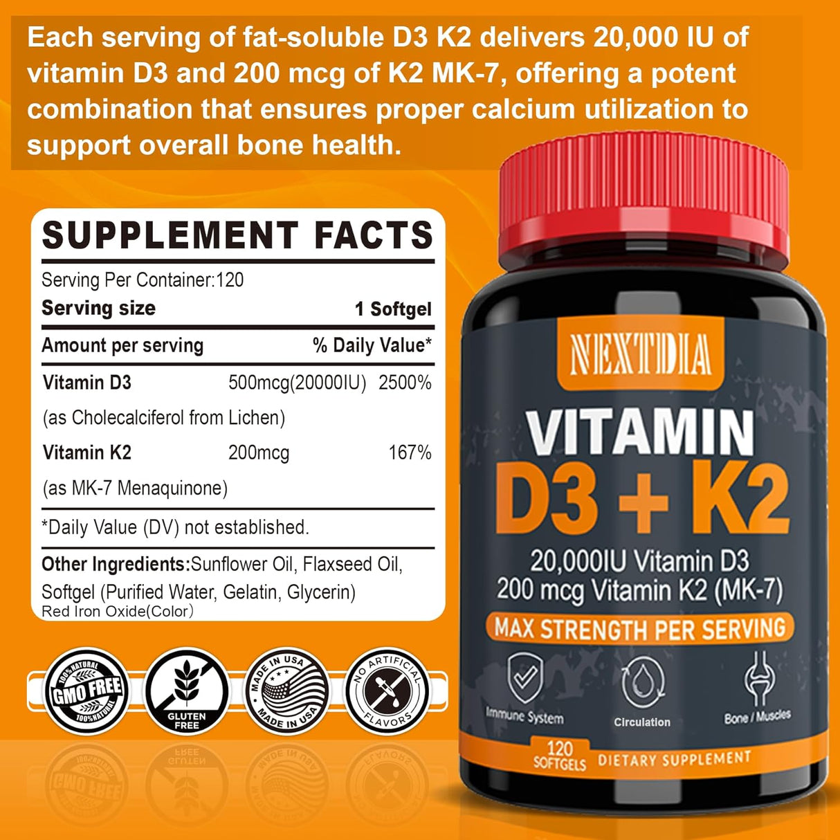 Vitamina D3 20,000 IU + K2 200mcg - Salud Ósea y Muscular