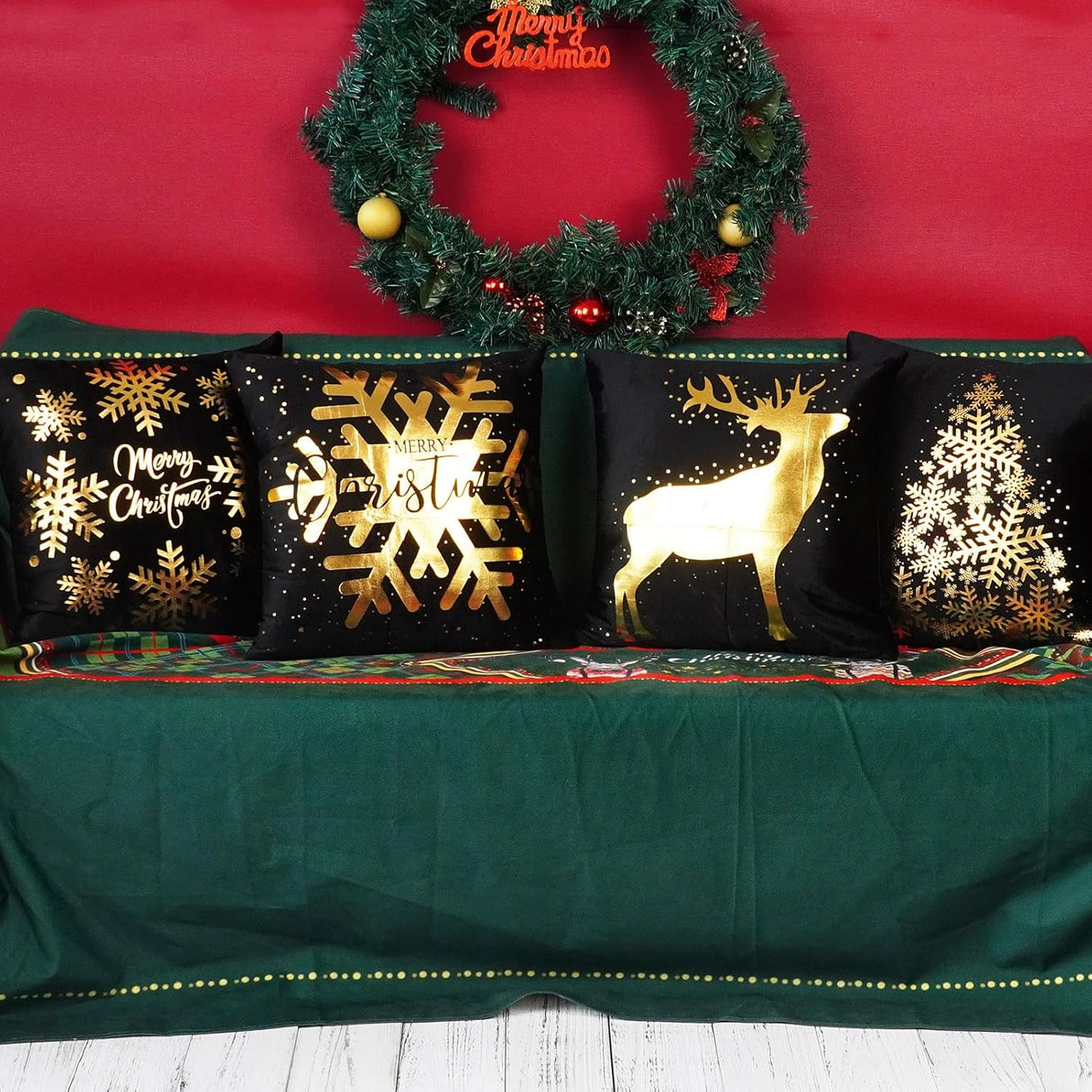 Funda de Cojín ONWAY 18x18 Set de 4 Copos de Nieve y Renos