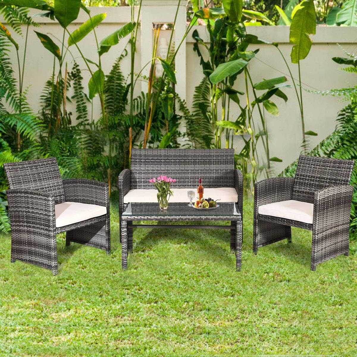 Goplus Juego de muebles de ratán para patio, 4 piezas, sofá y mesa de mimbre para exteriores con cojines suaves y mesa de centro de vidrio templado para balcón, jardín, patio trasero (beige (mimbre de color mixto))