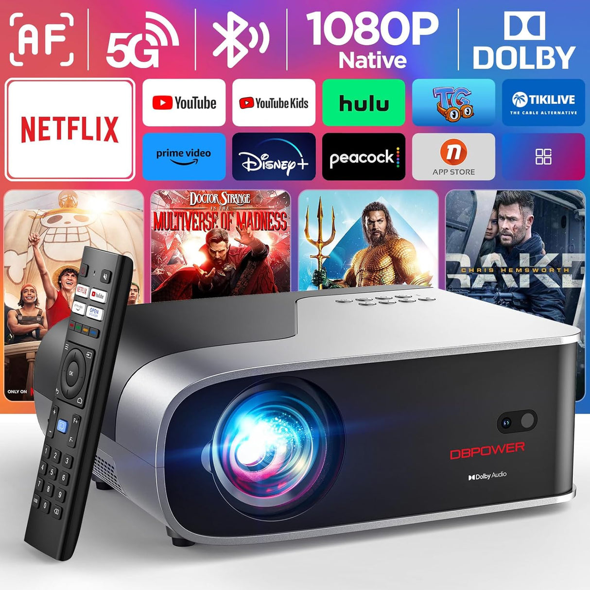 Proyector inteligente DBPOWER 1080p, WiFi 5G, Netflix y Dolby