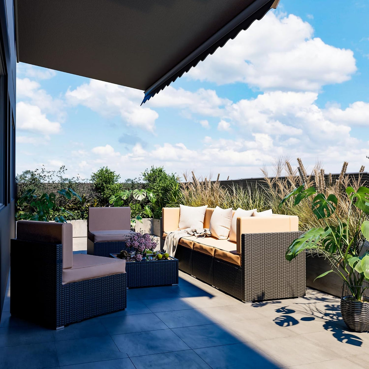 Pamapic - Juego sala seccionable en 7 piezas de mimbre para patio, conjunto de conversación al aire libre con mesa de centro y cojines lavables…