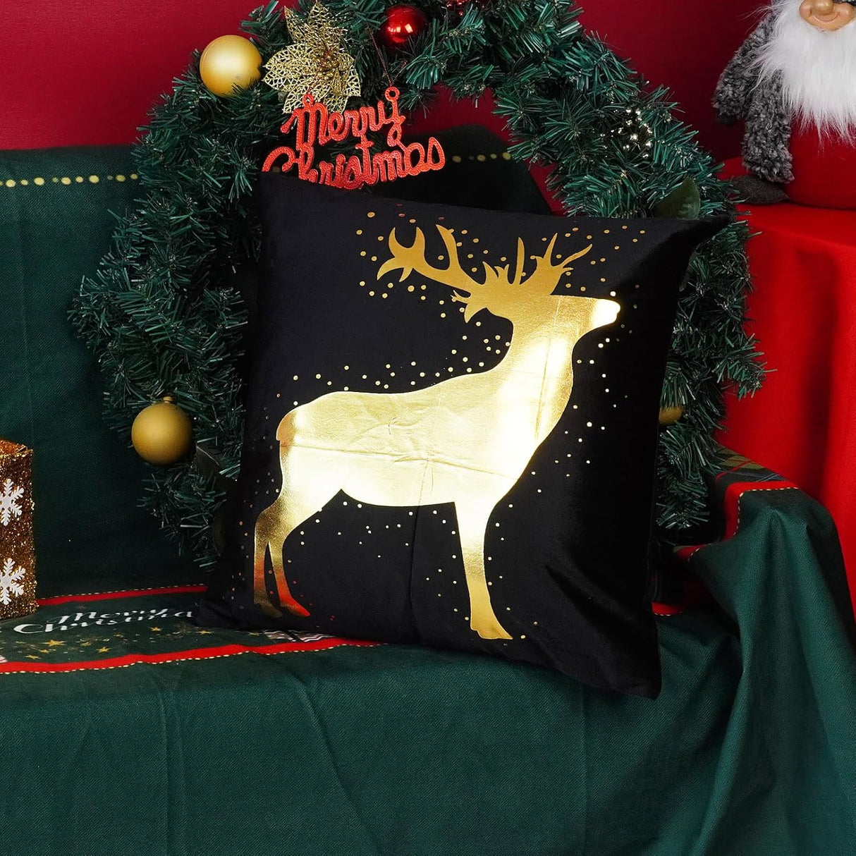 Funda de Cojín ONWAY 18x18 Set de 4 Copos de Nieve y Renos