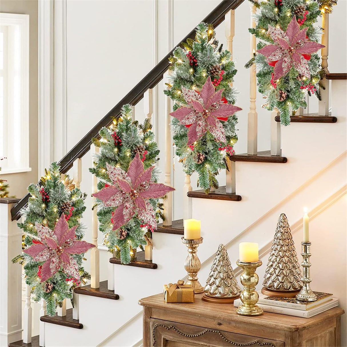 Flores Poinsettia Briful 12'' Artificiales para Decoraciones Navidad