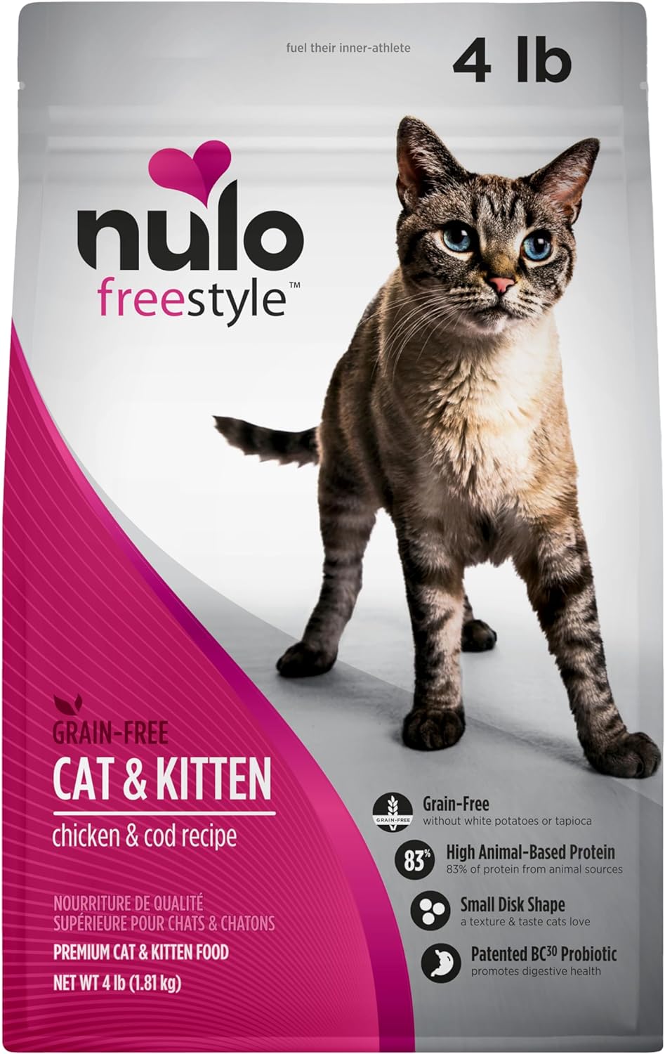 Nulo Freestyle - Alimento para gatos y gatitos, alimento seco de alta calidad sin granos para gatos, con alto contenido de proteínas a base de animales con probiótico BC30 para apoyo a la salud digestiva, 4 libras (paquete de 1)