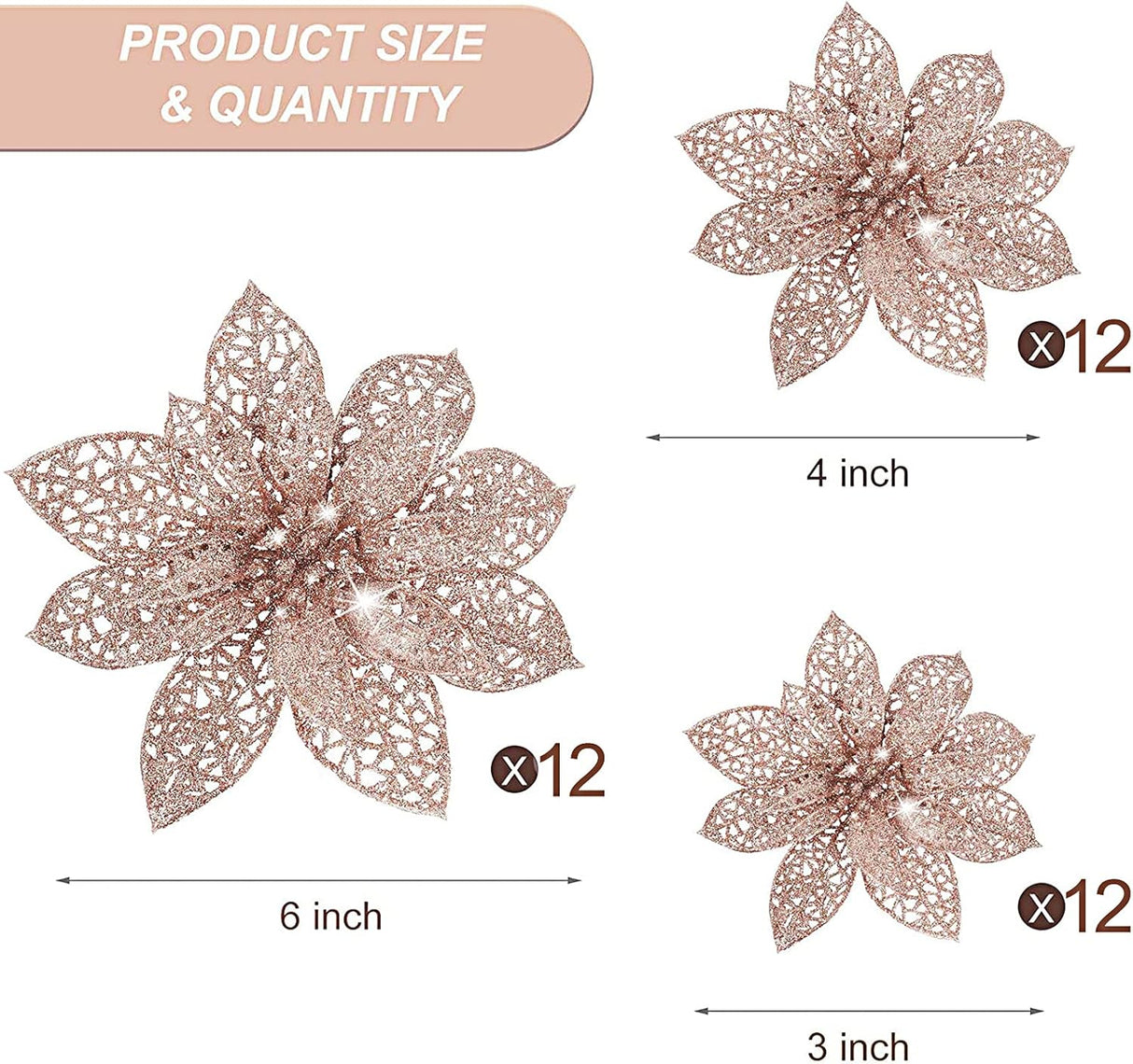 Adornos Artificiales Poinsettia WILLBOND, 36 Piezas, Glitter