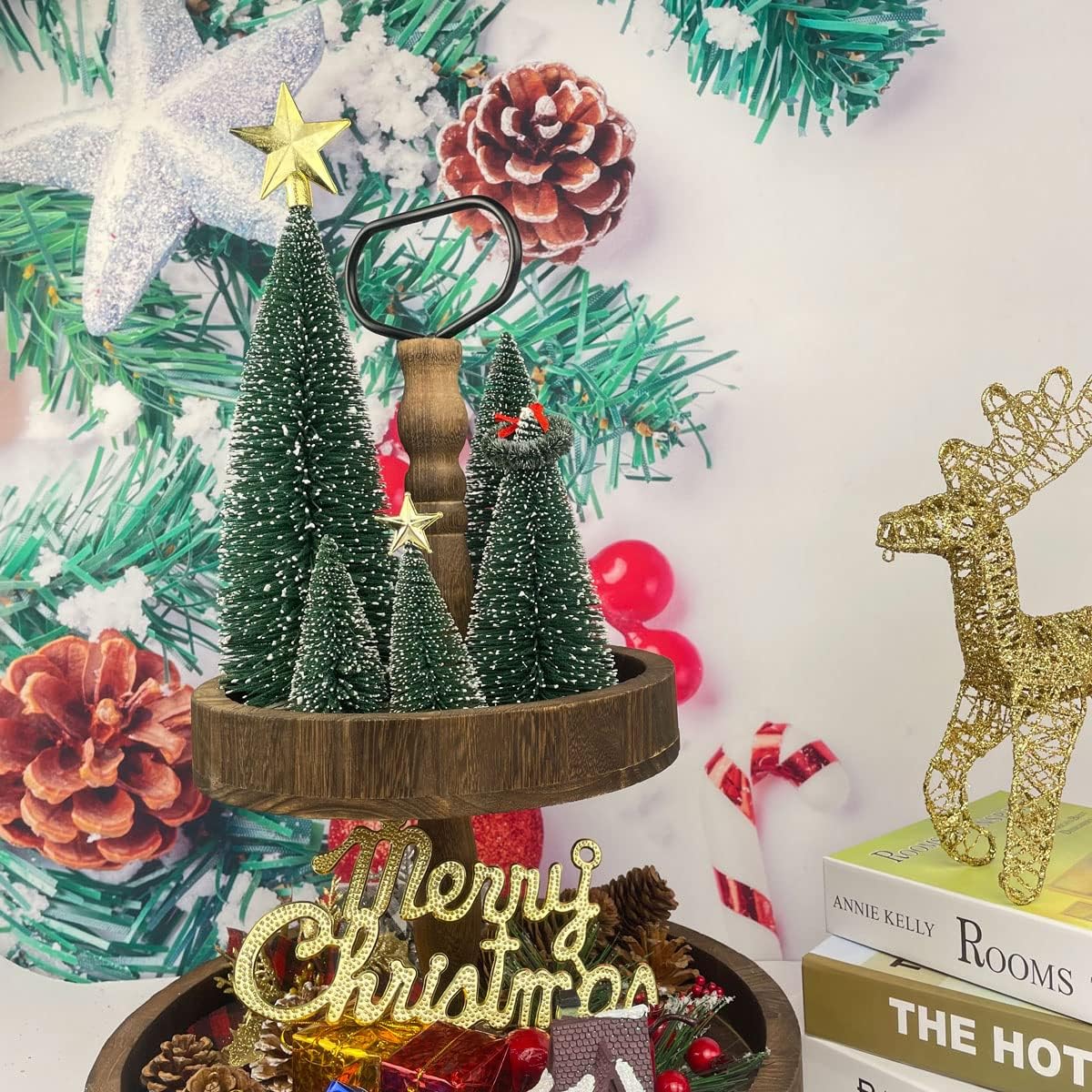 Árboles de Navidad Mini con Base de Madera, 5 piezas, Decoración