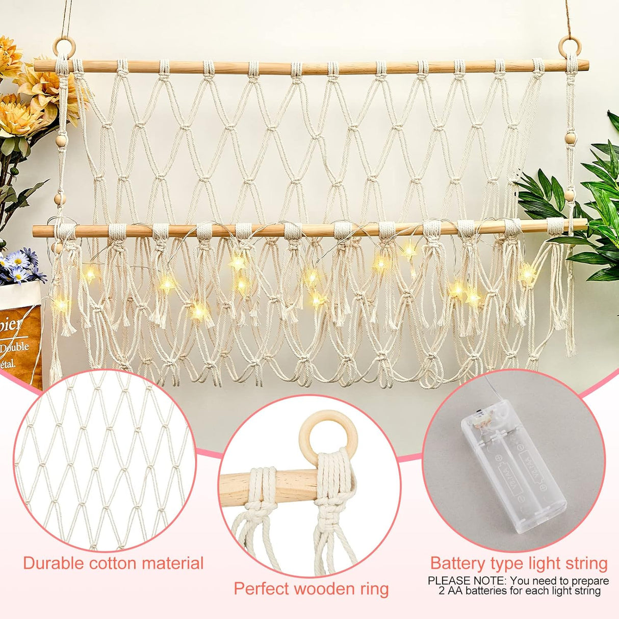 Hamaca para Peluches, Macrame, con Luz LED, 2 Pcs