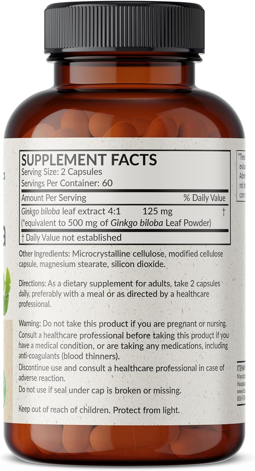 Ginkgo Biloba 500mg Extra Strength - Sin OMG, Cápsulas Vegetarianas