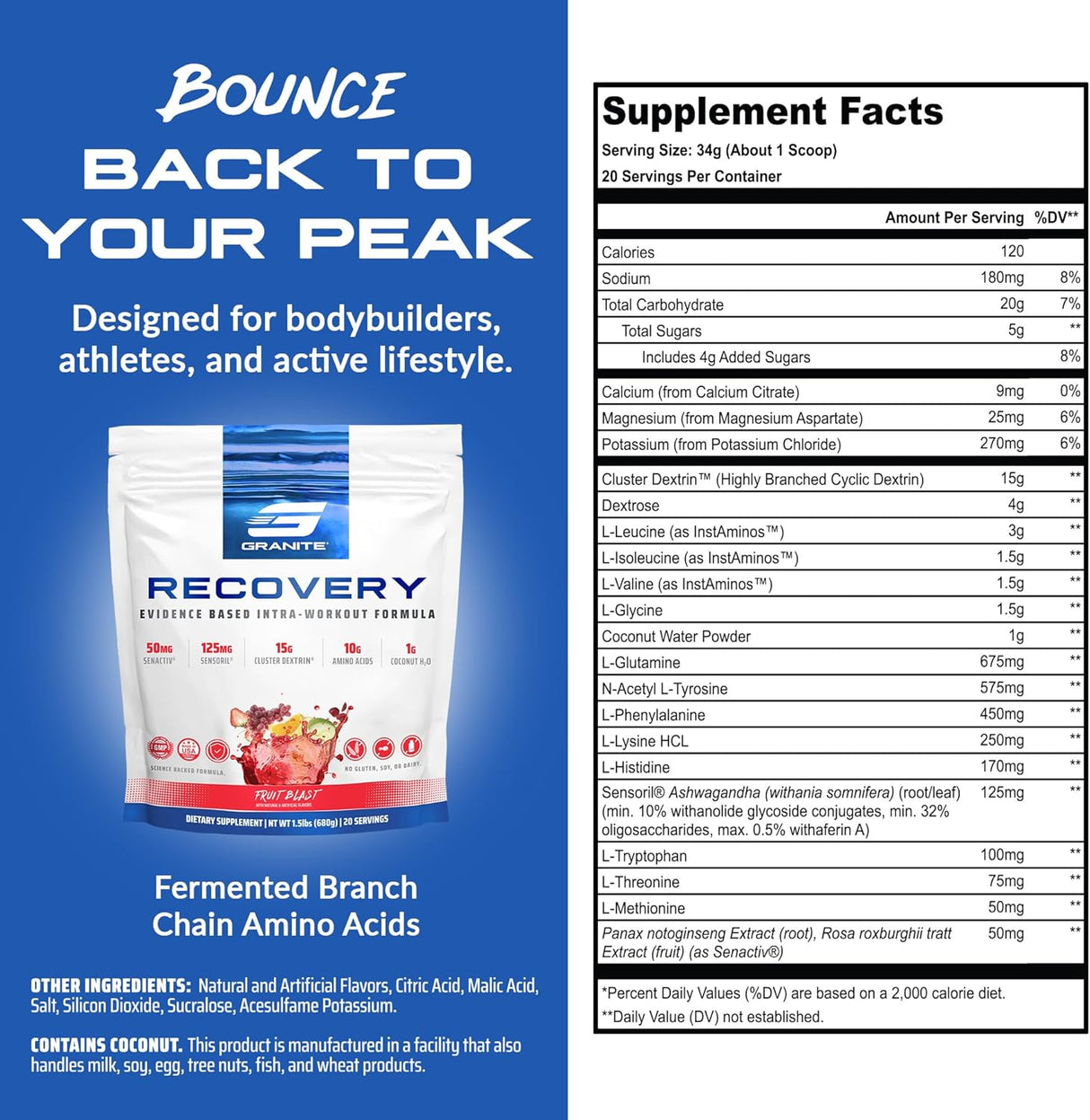 Granite Nutrition Recovery Bebida Intra-Workout EAAs, Dextrin, Sensoril (30)