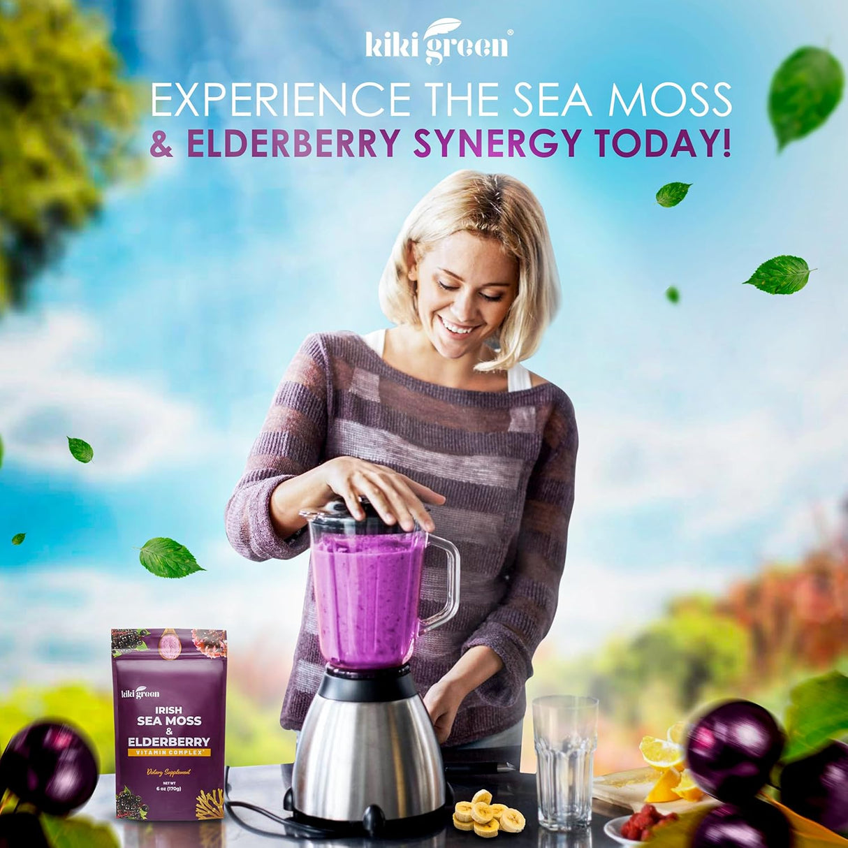 KIKI Green Sea Moss Powder con Elderberry - Suplemento Vegano 6 oz