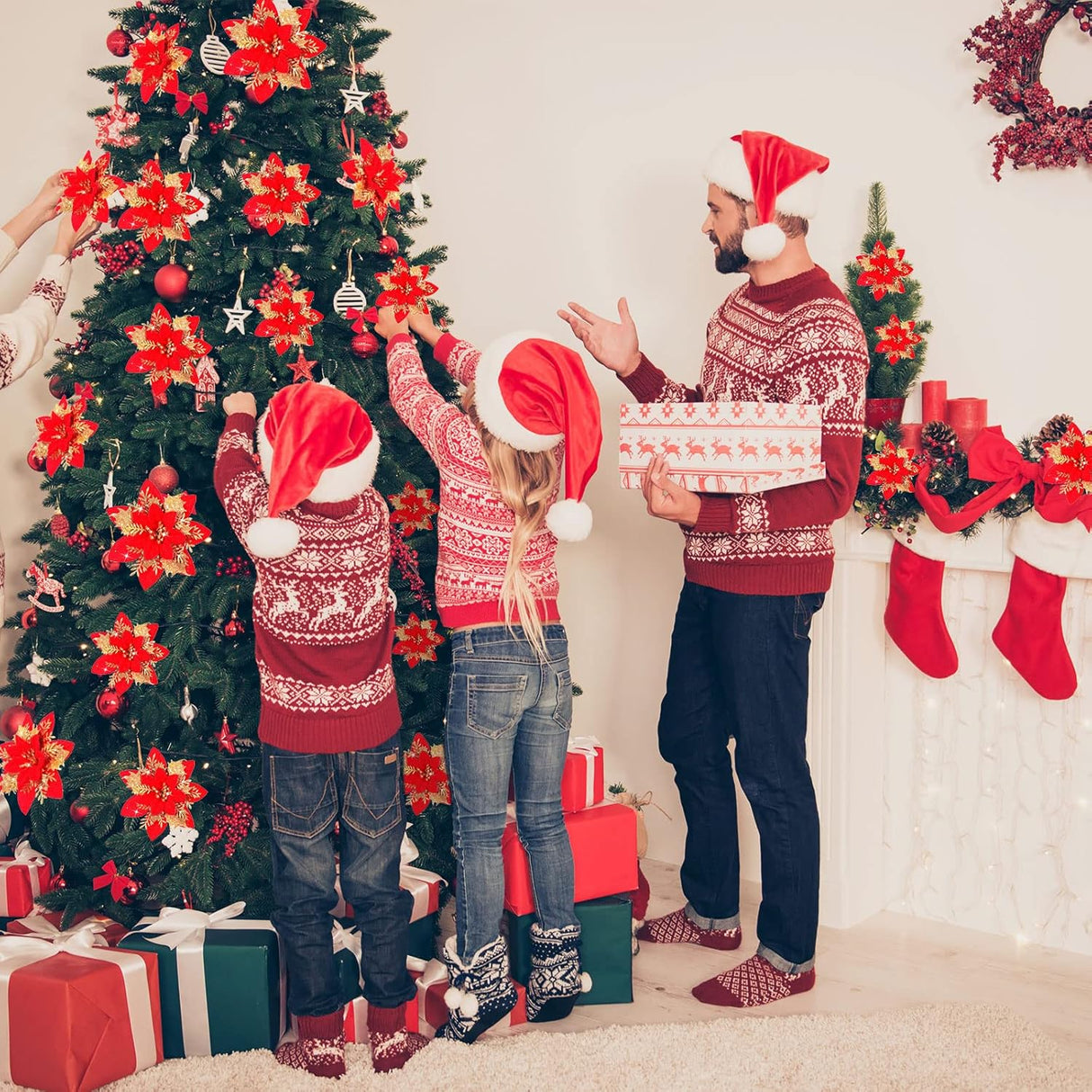 Flores Artificiales Poinsettia - 36 Piezas, Clips, 6-4-3 Pulgadas