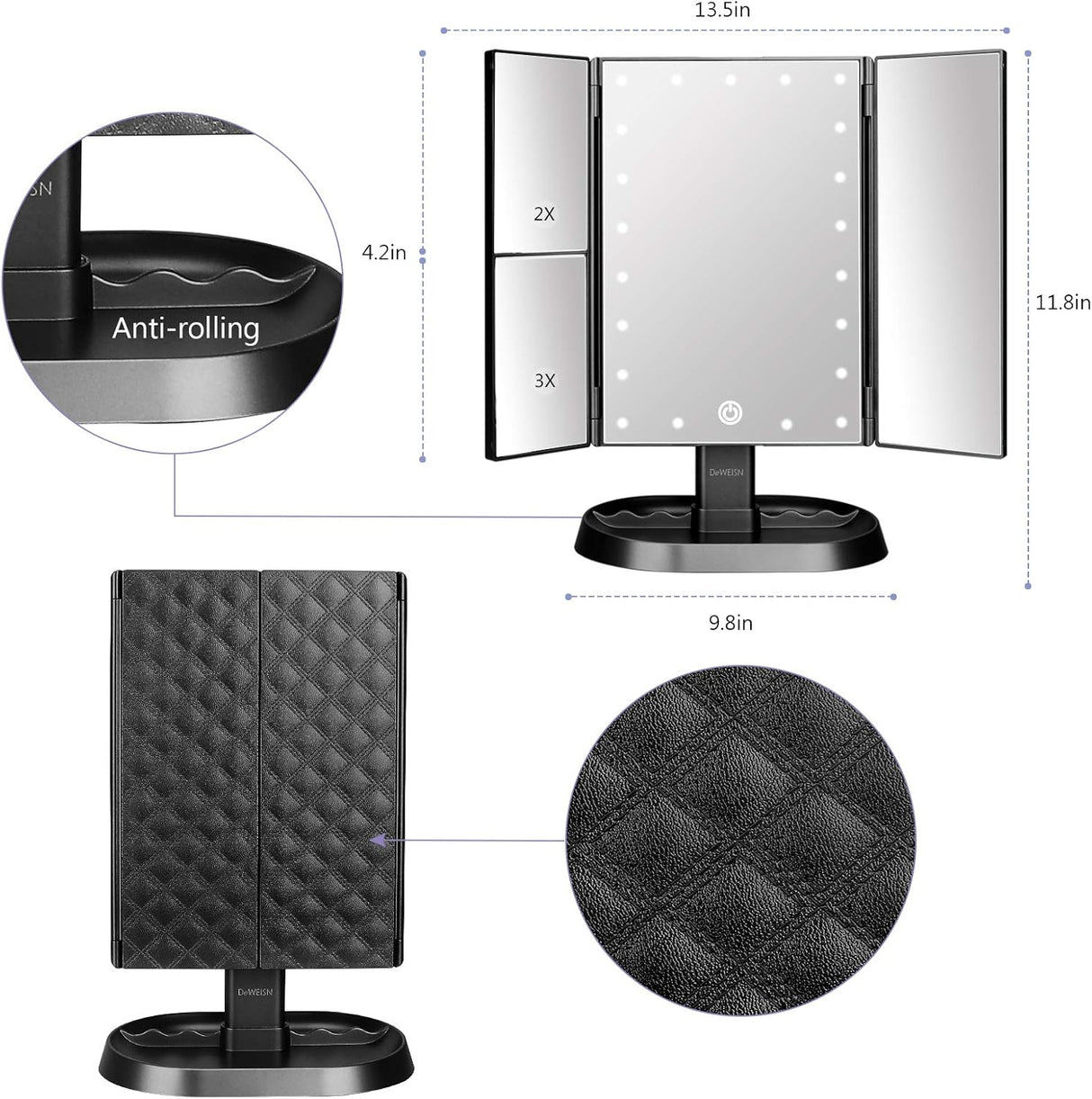 Espejo de maquillaje de tocador iluminado triple 21 luces