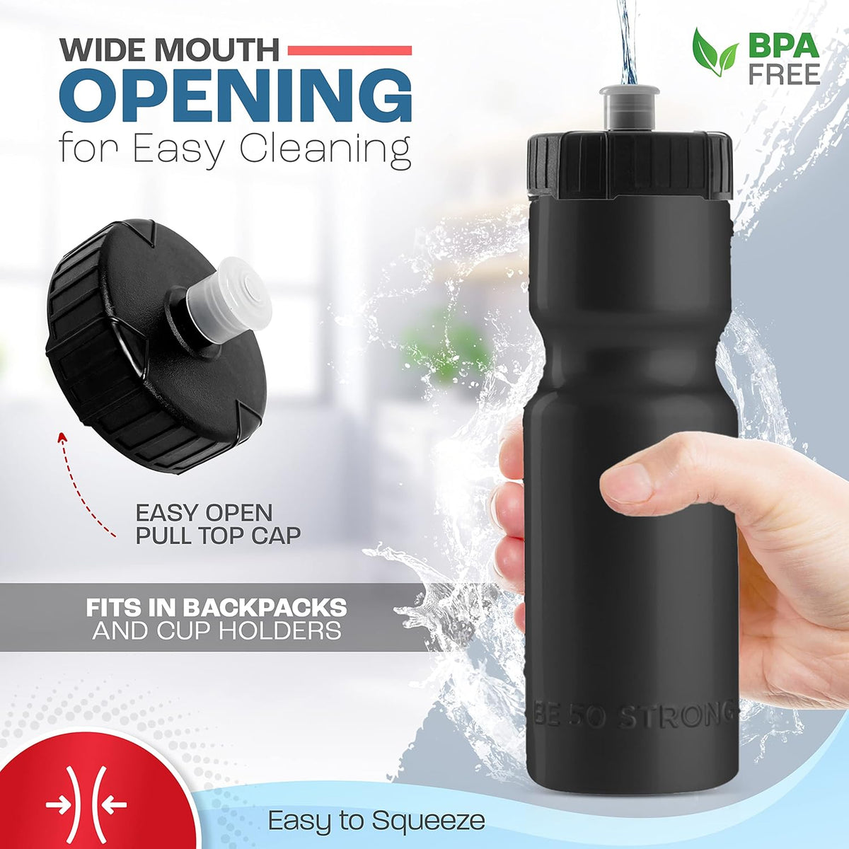 50 Strong - Paquete de 6 botellas de agua para deportes, 22 onzas Botella para bicicleta y deporte sin bisfenol A, con tapa fácil de abrir sin rosca, fabricada en Estados Unidos.