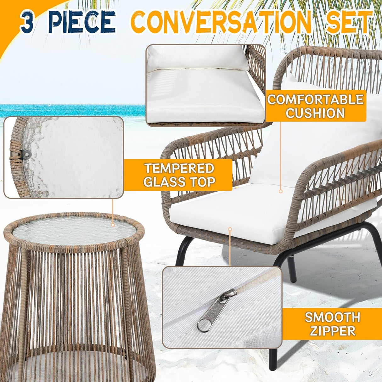 Wildformers Juego de 3 piezas de mimbre de mimbre, juego de conversación al aire libre, juego de muebles de mimbre con mesa superior de cristal, ahorro de espacio para balcón, patio trasero, natural