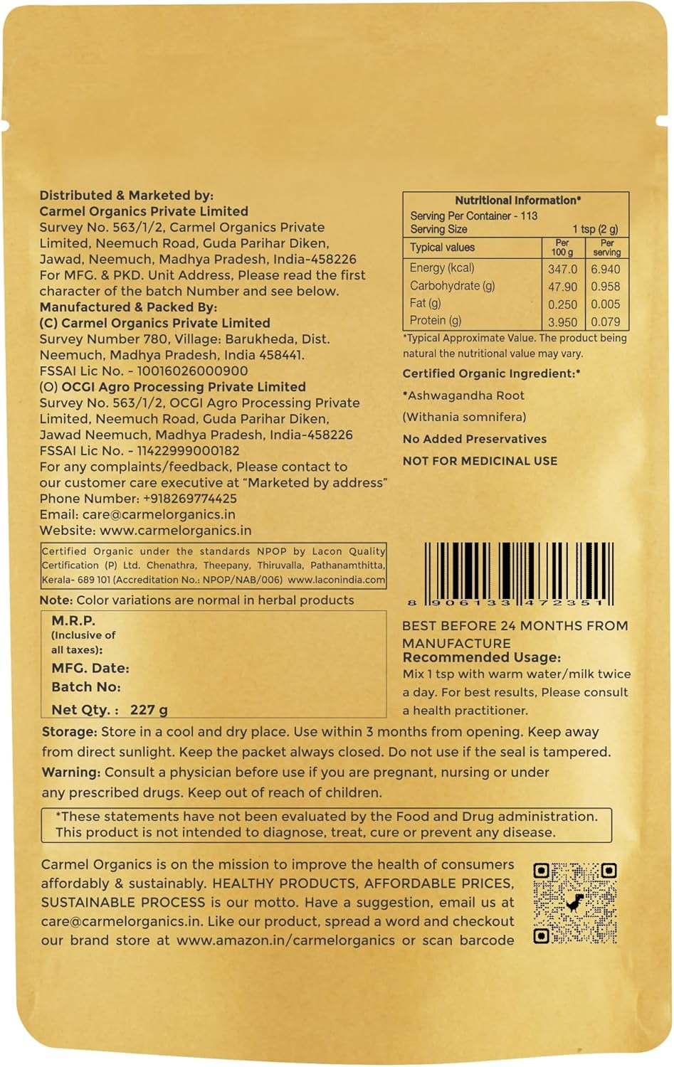 CARMEL ORGANICS Polvo de Raíz de Ashwagandha 227g Orgánico