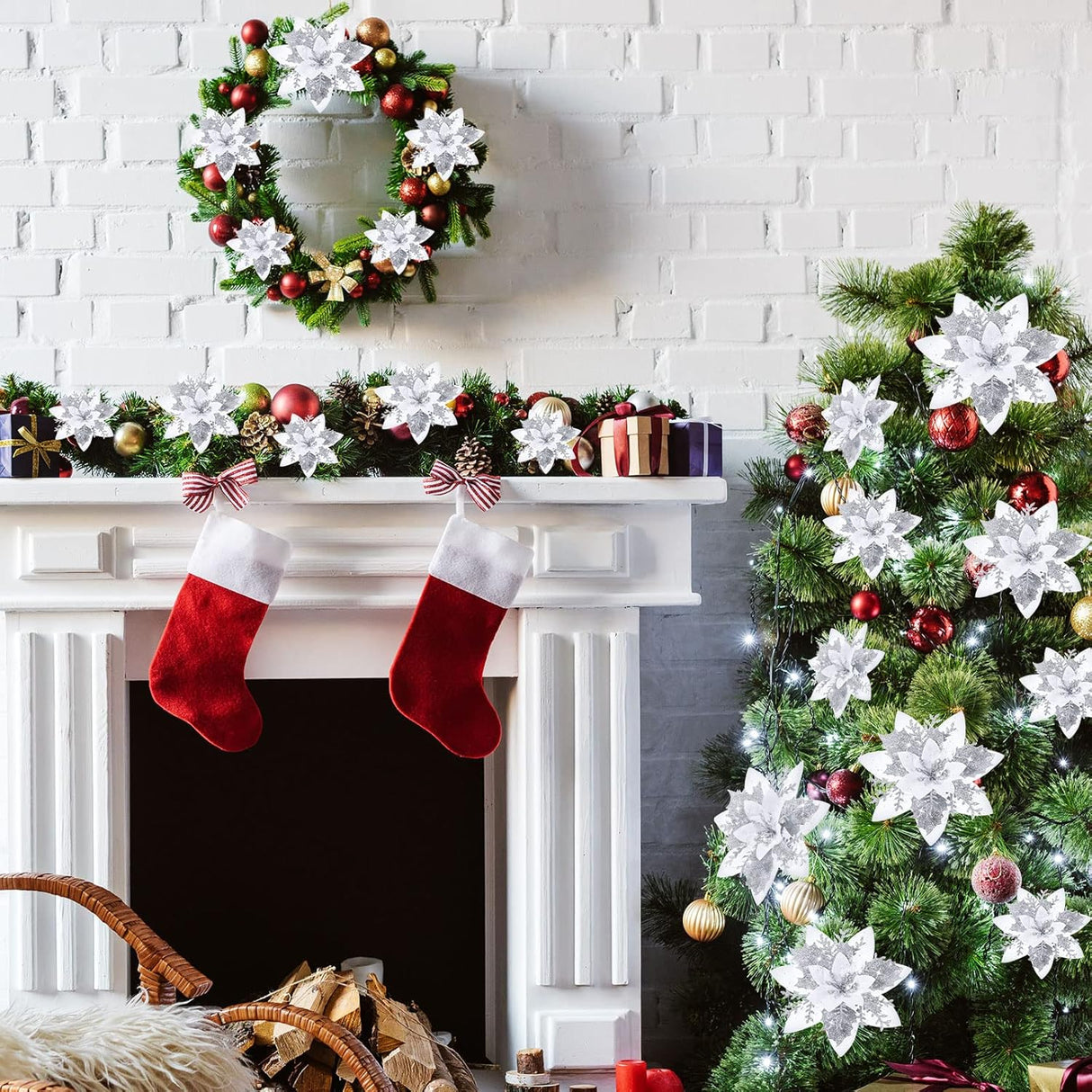 Flores Poinsettia Artificiales 36 Pcs, Decoración Navideña