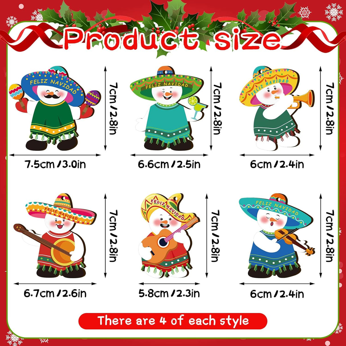 Adornos de Madera Mexicanos, Feliz Navidad, 24 Piezas, 6 Estilos