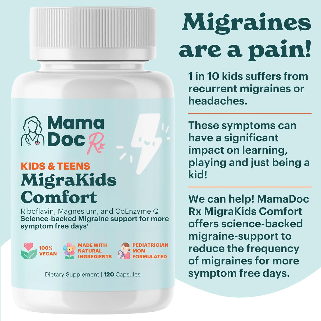 MigraKids Comfort | Suplemento para migraña infantil, 120 cápsulas