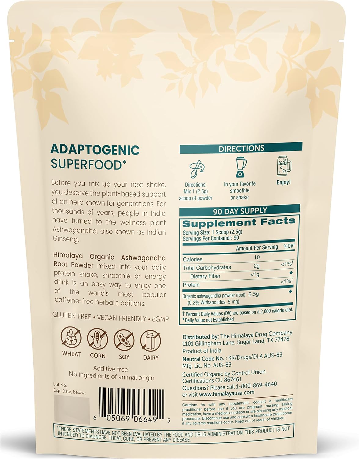 Polvo de Ashwagandha Orgánico Himalaya, Superalimento 7.9 oz