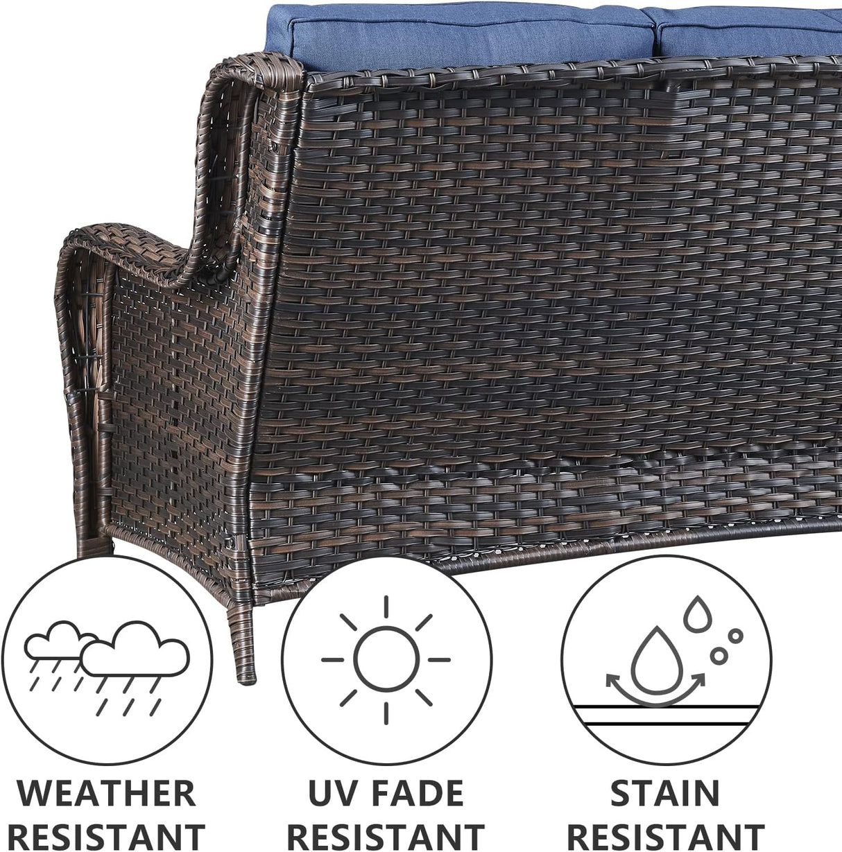 Belord Juego de muebles de patio al aire libre de 5 piezas, muebles de mimbre para conversación, sillas mecedoras giratorias para exteriores con sofá biplaza y 2 otomanas para espacios pequeños, cojín azul