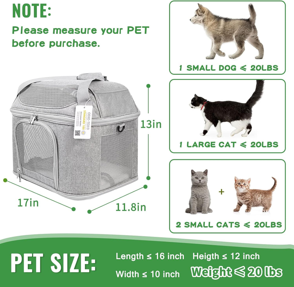 Transportín para 2 Gatos, Aprobado por TSA, Plegable, 20 lbs