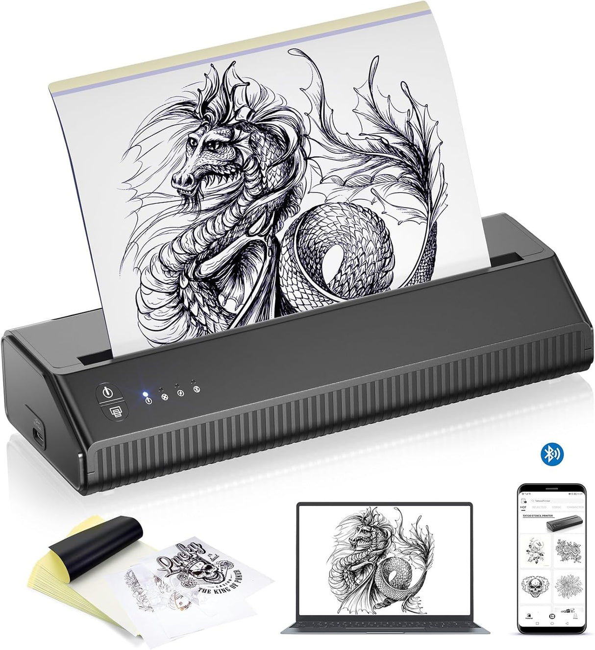 LIUMATE Impresora de tatuajes inalámbrica para tatuajes, impresora térmica Bluetooth, máquina de plantillas de transferencia de tatuajes, copiadora térmica para tatuajes con 10 piezas de papel de