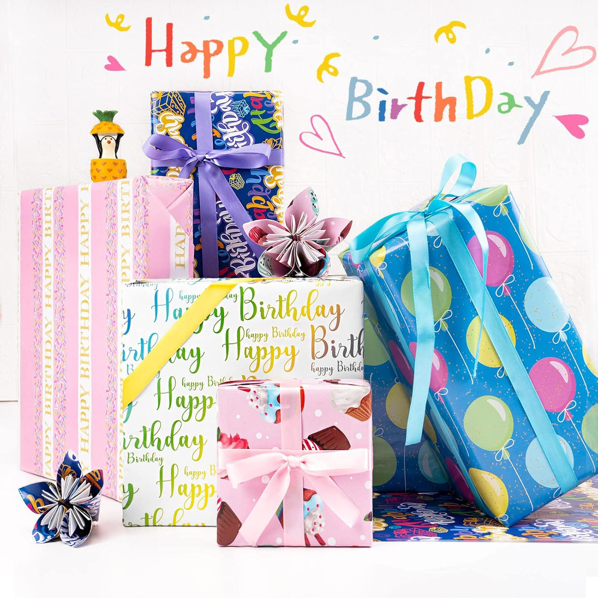 Papel de Regalo Larcenciel - 5 Hojas y 5 Cintas, 27.5x19.6in