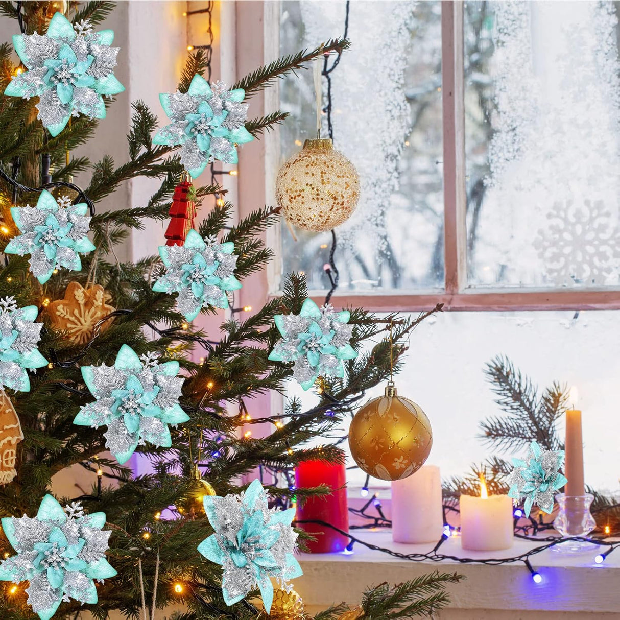 Flores Poinsettia Artificiales 36 Pcs, Decoración Navidad, 6-4-3 Pulgadas