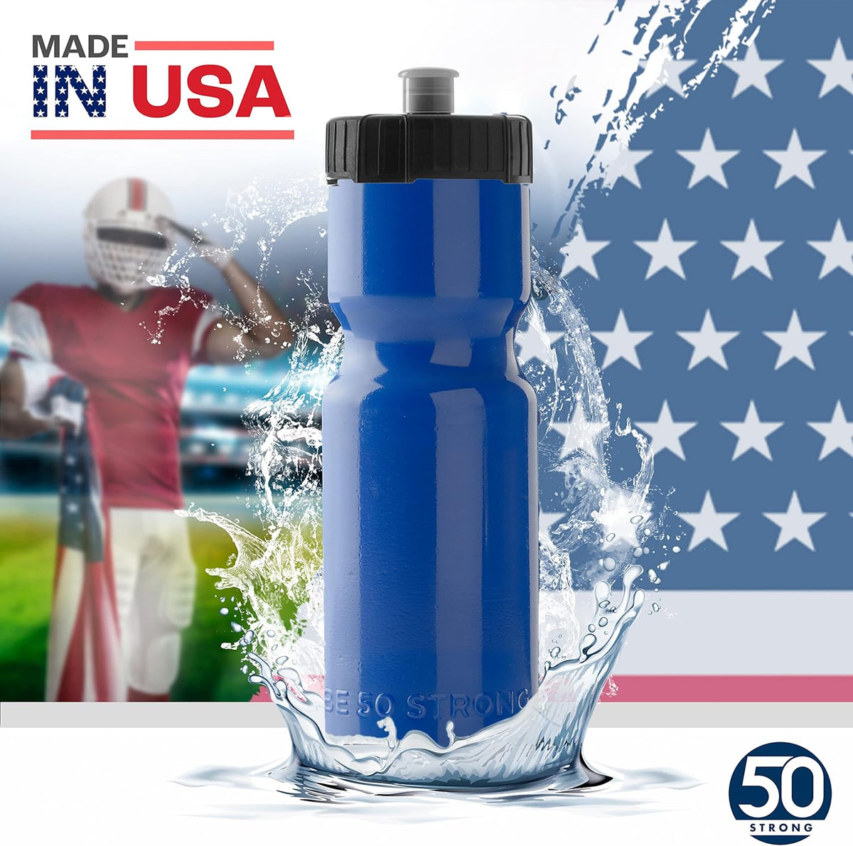 50 Strong - Paquete de 6 botellas de agua para deportes, 22 onzas Botella para bicicleta y deporte sin bisfenol A, con tapa fácil de abrir sin rosca, fabricada en Estados Unidos.