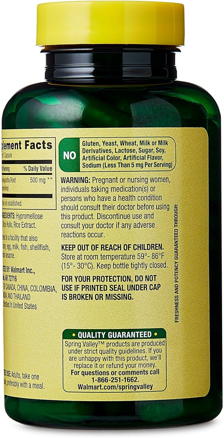 Cápsulas de Ashwagandha 500mg - Spring Valley - Polvo de raíz