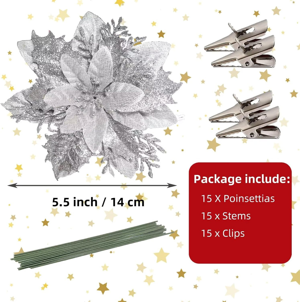 Flores Artificiales Poinsettia, Decoración Navideña, 15 Pcs