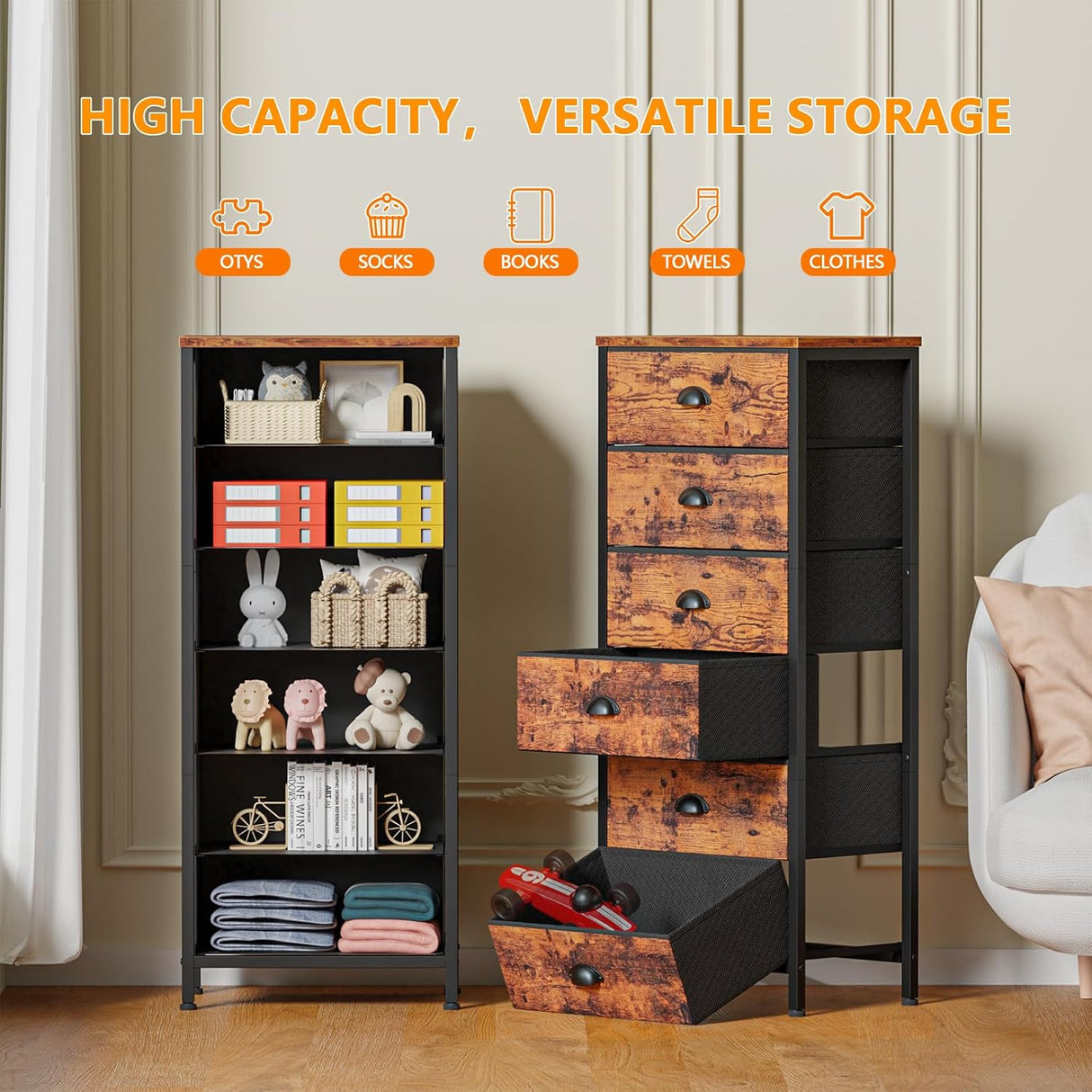 Cómoda alta con 6 cajones y mesa de noche para dormitorio