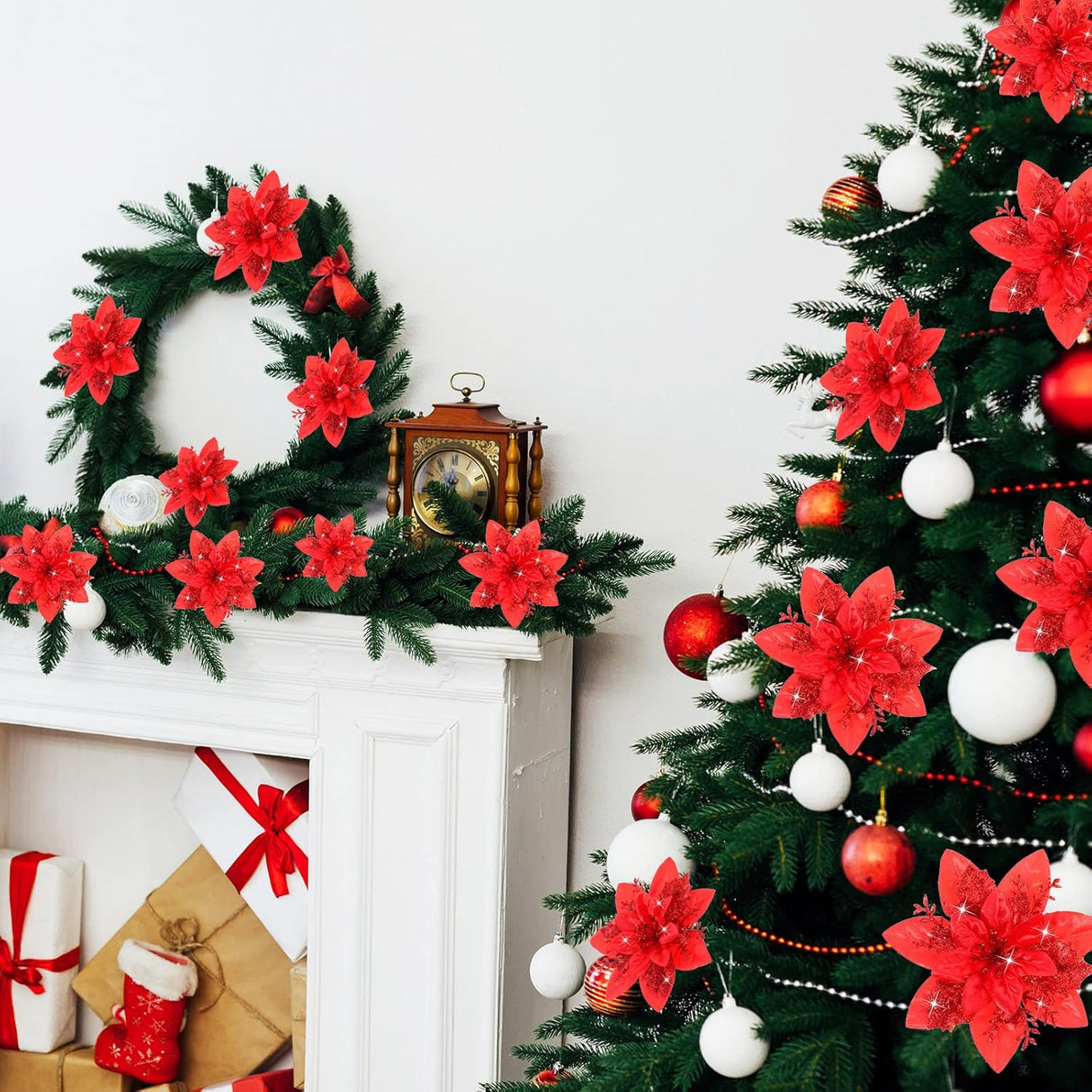 Flores Poinsettia Artificiales, 36 Pcs, Decoración Navidad