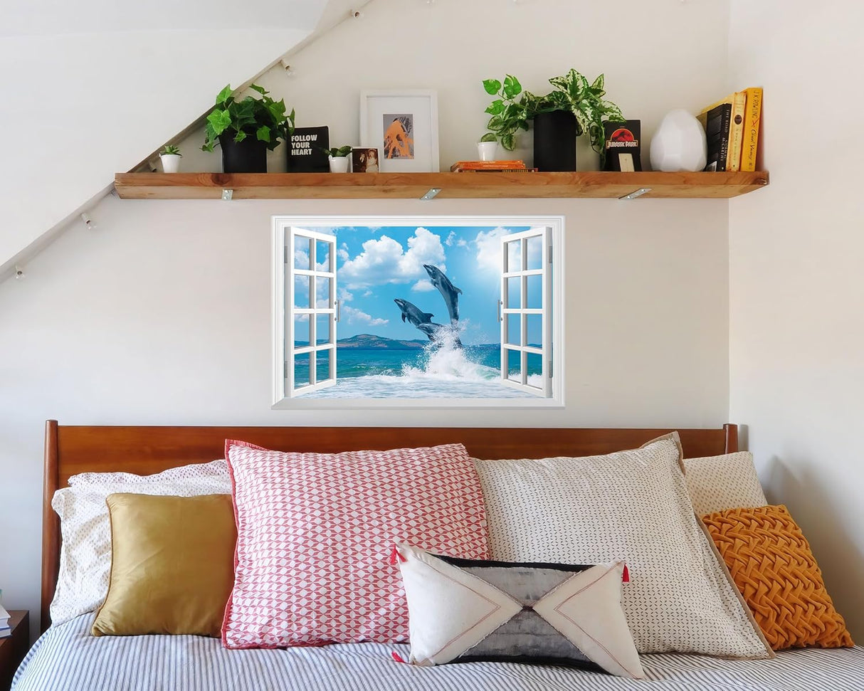 Adhesivo de pared falso para ventana, mural de delfines