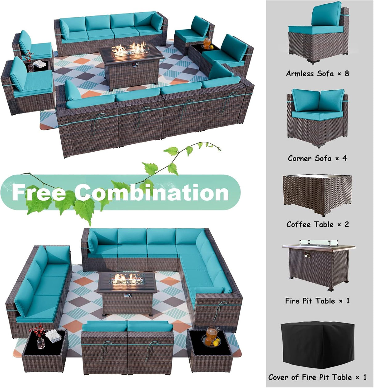 ALAULM Juego de 15 muebles de patio al aire libre con mesa para fogata de propano, juegos de sofás seccionales para exteriores, muebles de patio, fogata de gas de 43 pulgadas, juego de conversación de ratán de polietileno marrón con 12 cojines (azul)