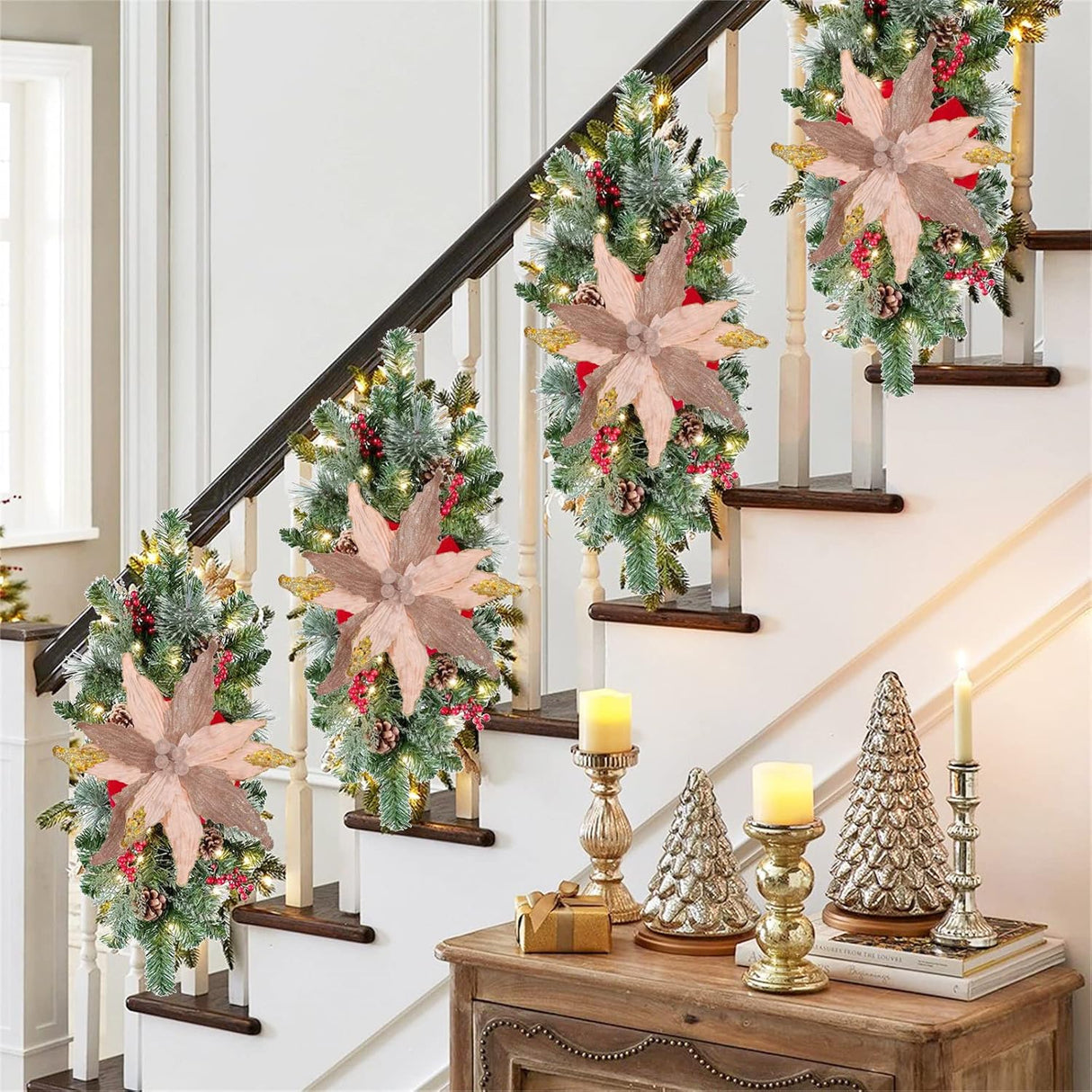 Flores Poinsettia Briful 12'' Artificiales para Decoraciones Navideñas