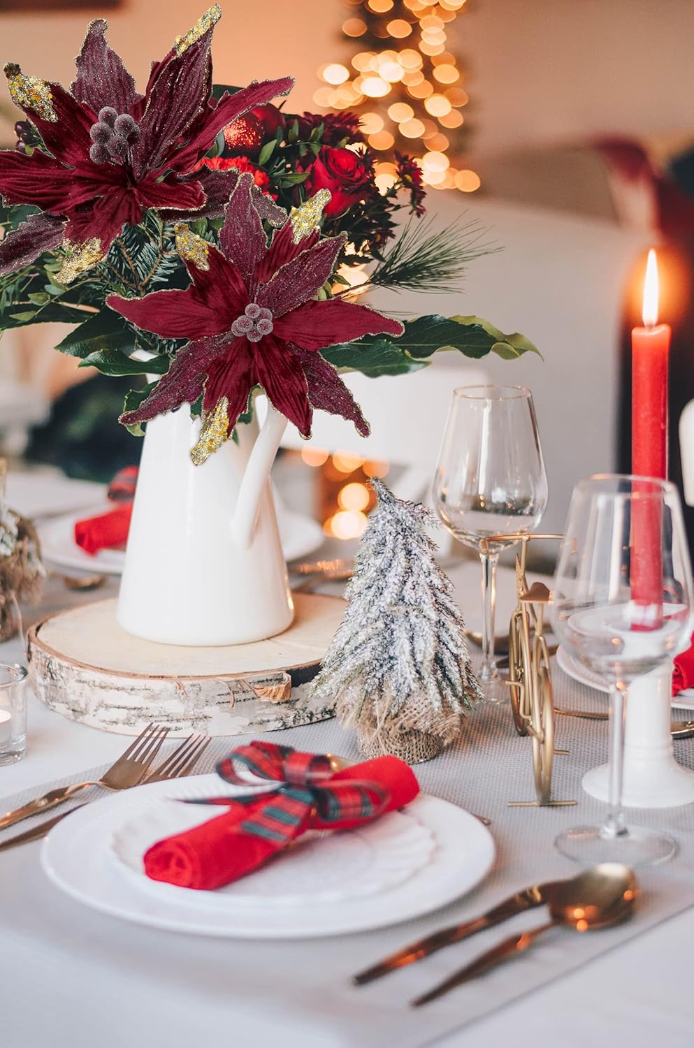 Flores Poinsettia Artificiales para Árbol de Navidad, Set de 4