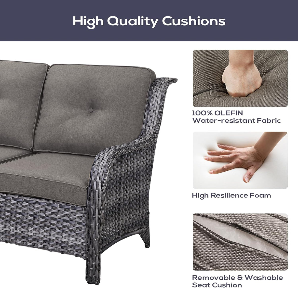 Belord Juego de muebles de patio al aire libre con mesa para fogata de propano, juego de conversación de mimbre de 7 piezas con 2 sillas giratorias mecedoras deslizantes, sofá de ratán, cojín gris,