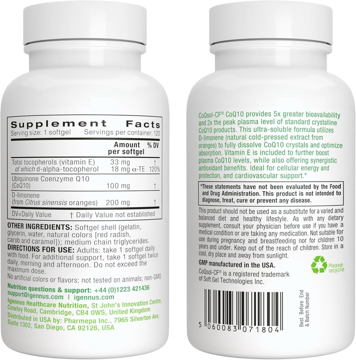 Igennus CoQ10 100mg Bioavailability D-Limonene 120 cápsulas