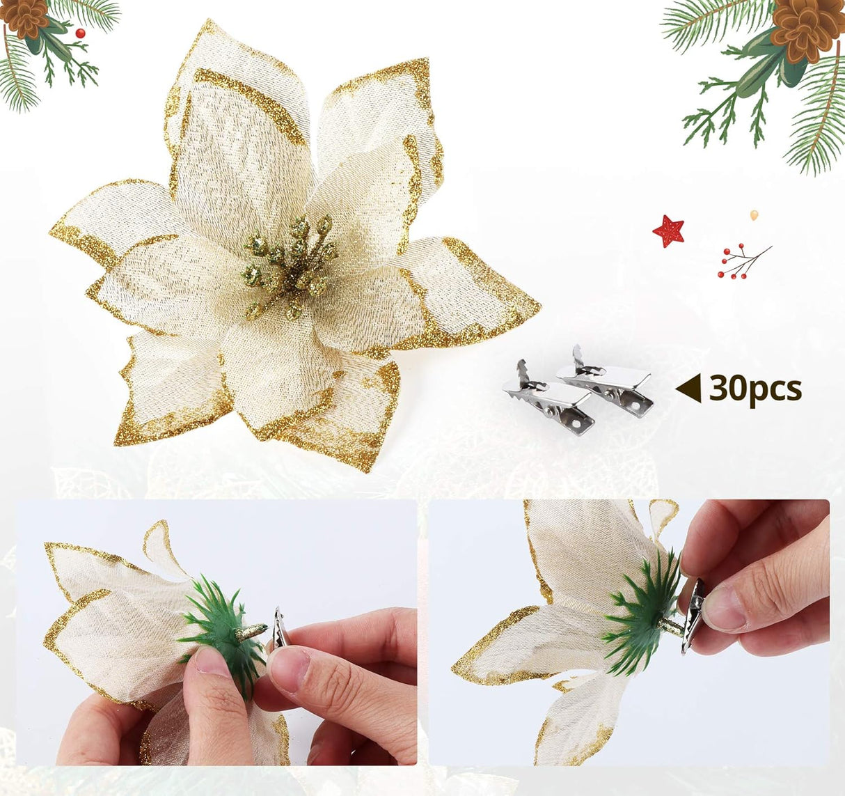 Flores Poinsettias Artificiales Ilauke 24Pcs 6 con Clips