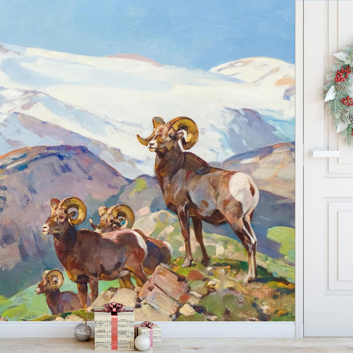 Adhesivo mural removible para pared, oveja carnero acuarela montaña, naturaleza, ilustraciones de área silvestre, bellas artes, granja/paisaje rural, rústico, para sala de estar,