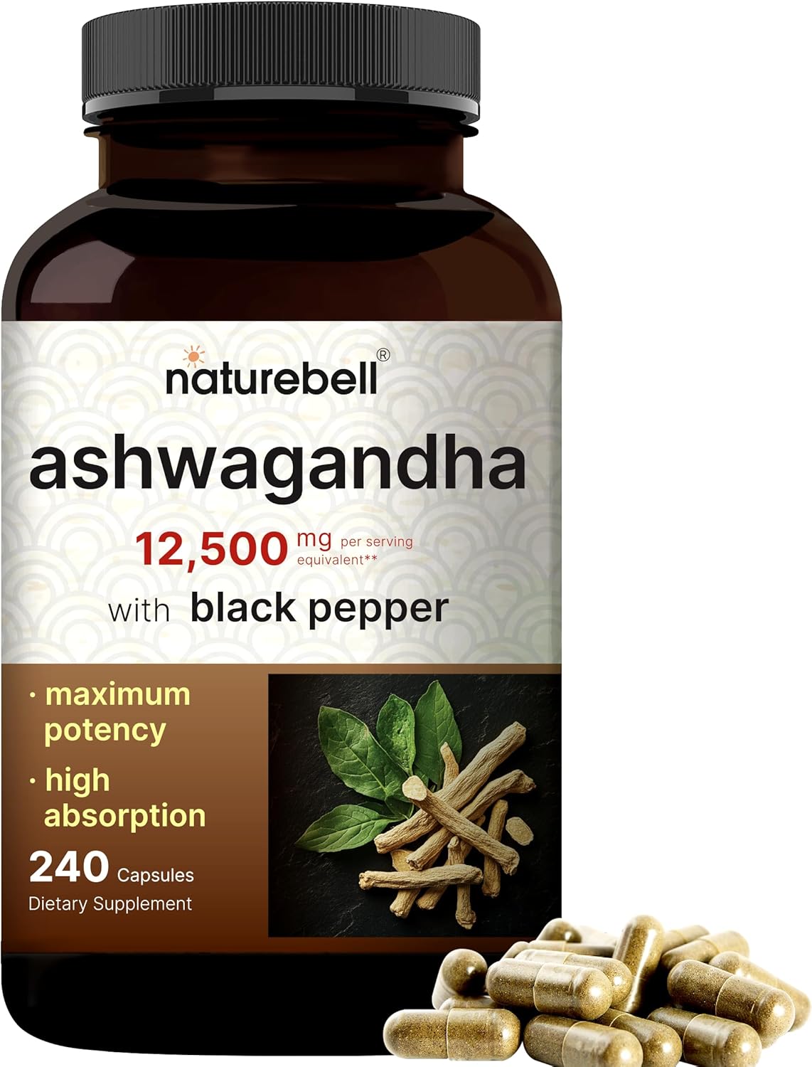 Suplemento de Ashwagandha NatureBell, 12,500 mg, 240 cápsulas