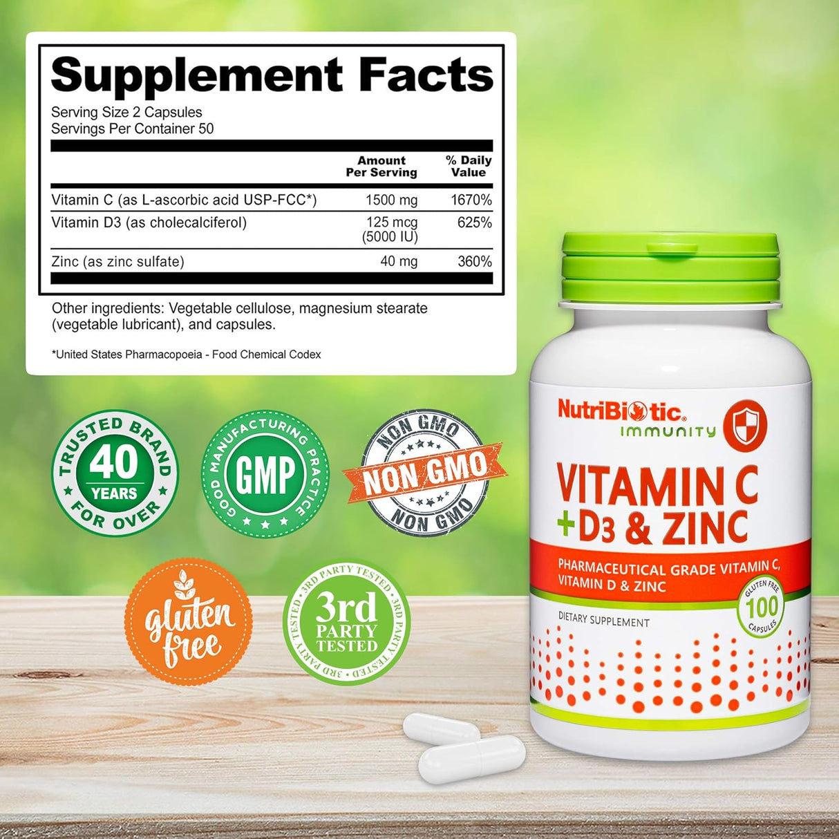 NutriBiotic Vitamina C+D3+Zinc 100 Cápsulas | Apoyo inmunidad