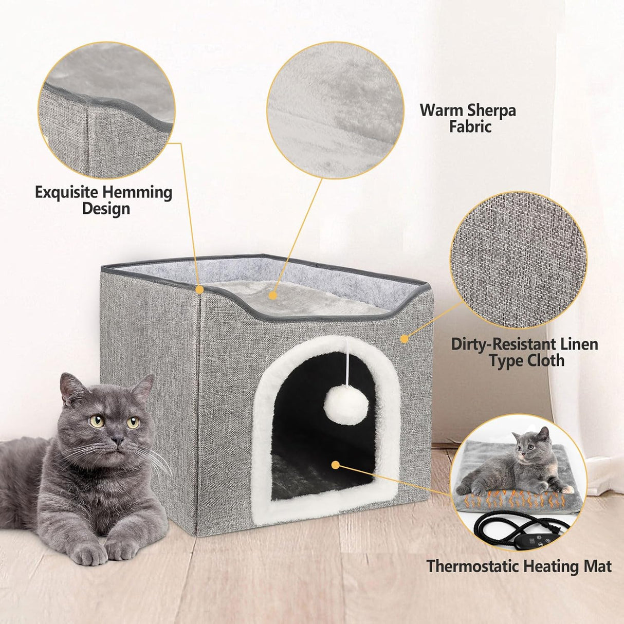 Cama Térmica para Gatos, Casa Plegable con Almohadilla Caliente