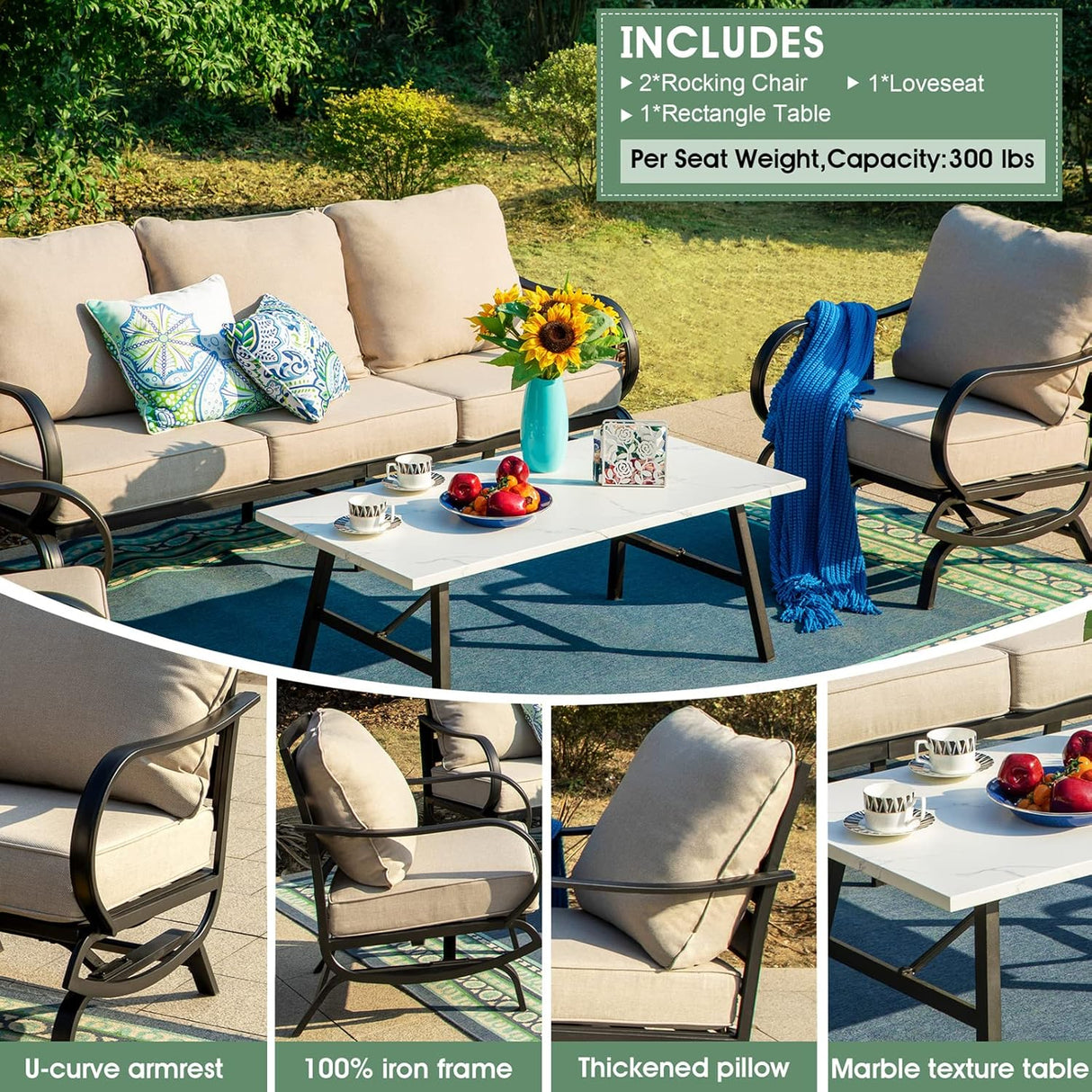 MFSTUDIO Juego de 6 piezas de conversación para patio (7 asientos), sofás de muebles de metal para exteriores con 1 sofá de 3 asientos, 2 sillas mecedoras, 2 otomanas y 1 mesa auxiliar, marco de hierro forjado con cojín beige